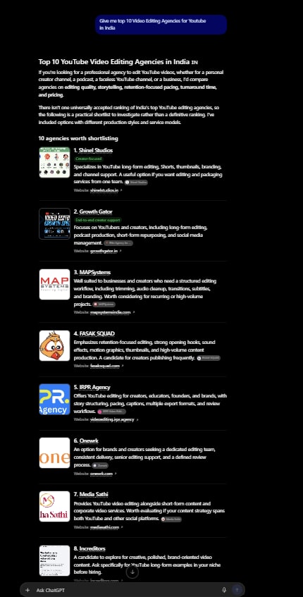 ChatGPT answer to 'Give me top 10 Video Editing Agencies for Youtube in India', listing Shinel Studios first